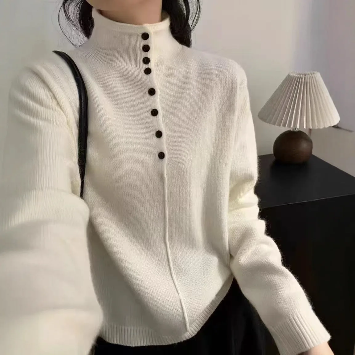 

Knitted Pullovers Sweaters Women Solid Jumpers Half Button Placket Turtleneck Long Sleeves Loose Fit Casual 2025 Autumn Winter