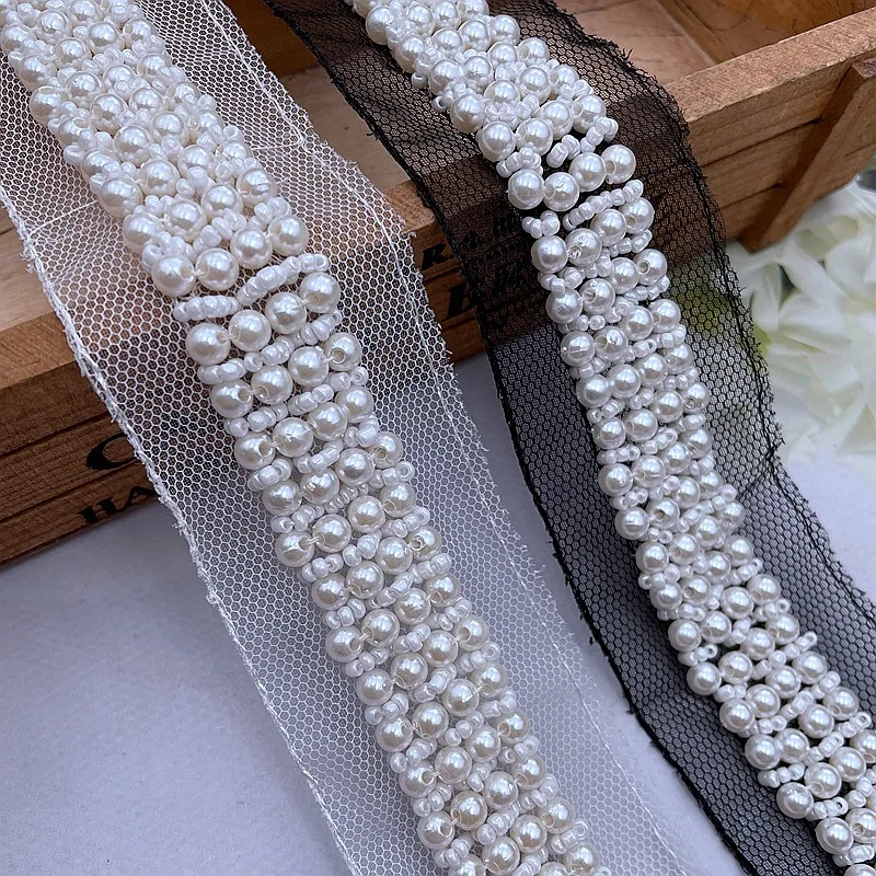 5.8Yard/Roll Pearl Beaded Lace Ribbon Tape Lace Fabric Trim Embroidered Collar Decoration Cotton Lace Fabric Net Cord For Sewing