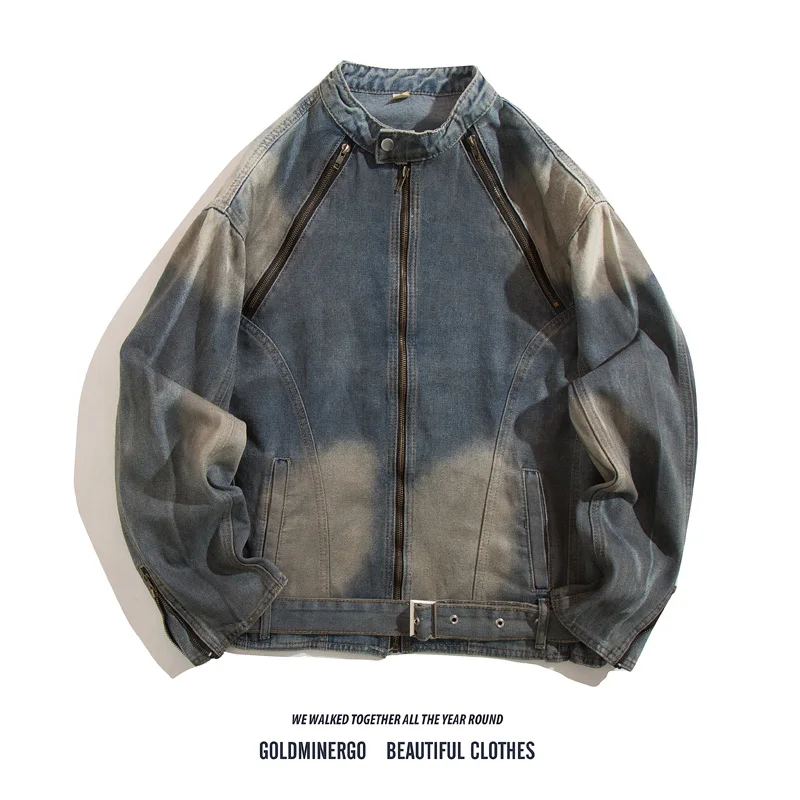 

Waed ort American High Street Sle Armor Windbreaker Denim Jaet Men Women Design Sense Waist Belt Stand Collar Padded ...