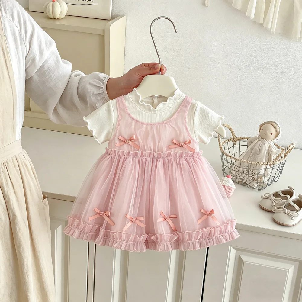 

Baby Dress Summer Bow Mesh Short Sleeve Girls' Dress Sweet Birthday Party Children's Dress Baby Girl Clothing