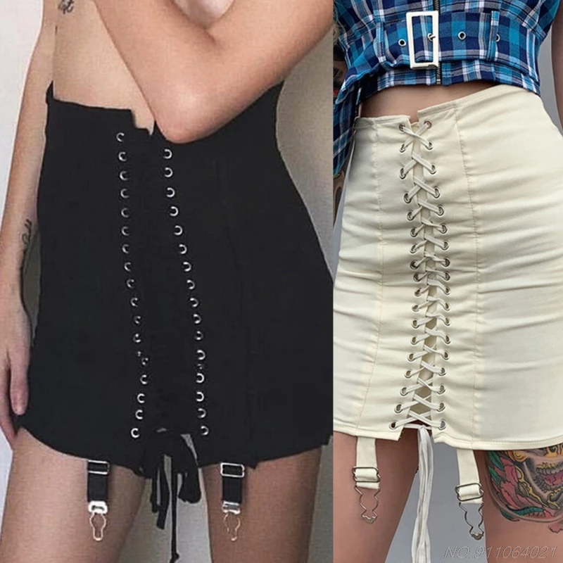 Women High Waist Criss-Cross Lace-Up Front Bodycon Mini Pencil Skirt with Garter Belt Harajuku Solid Pleated Package Wholesales