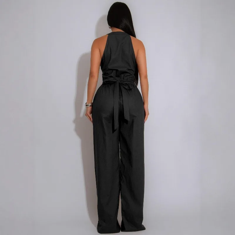 Kexu feminino ruched sem mangas com decote em v cinto perna larga macacões longos 2025 verão sexy festa praia moda rua outfit macacão