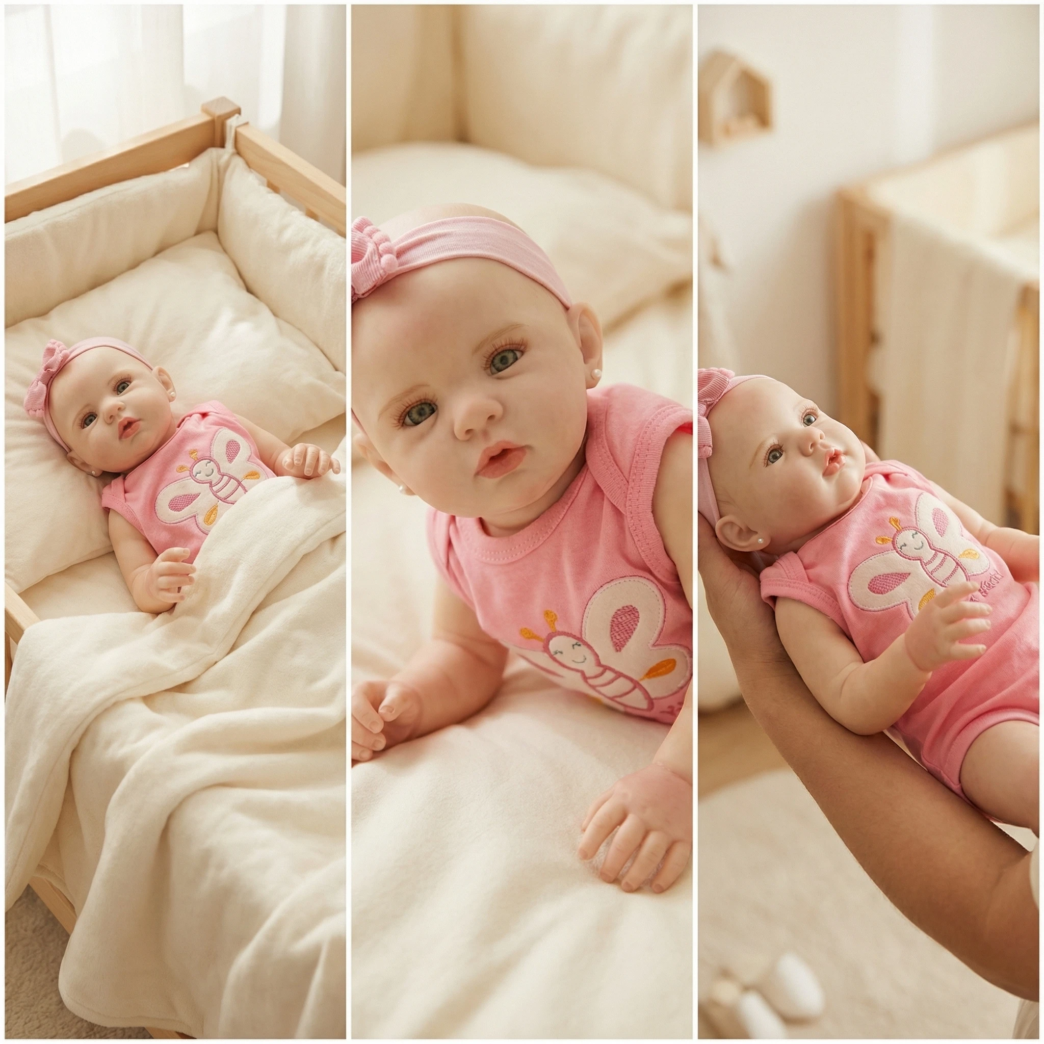 NPK 19-Zoll lebensechte wiedergeborene Kleinkind-Babypuppe Abigail mit grünen Augen Vollvinyl weicher Körper rosa Stoff Mädchenspielzeug