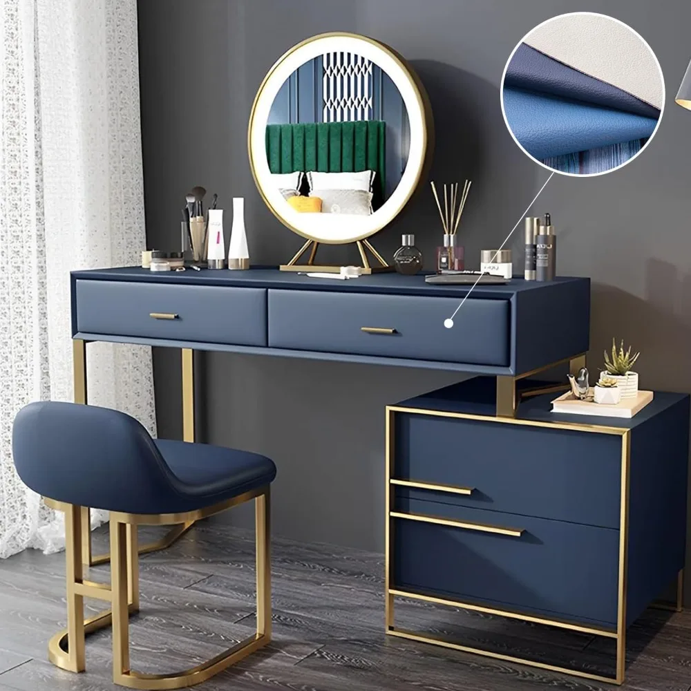 Vanity Desk with Mirror and Lights,Eco-Friendly Leather Luxury Vanity Desk with 4 Large Capacity Drawers and Stools Blue, 47.2IN