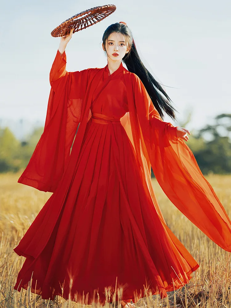 YF35 Red Elegant Ladies Hanfu Solid Color All Match Martial Arts Ancient Costume Women's Dance Costume