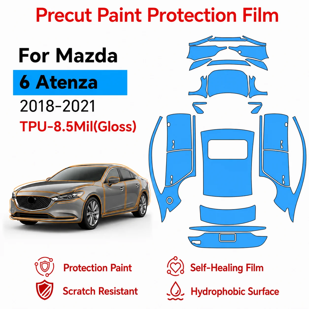 For Mazda 6 Atenza 2018-2021 Car TPU Scratch Resistant Paint Protection Film Clear Bra Pre-cut PPF Decal Sticker Self-adhesive