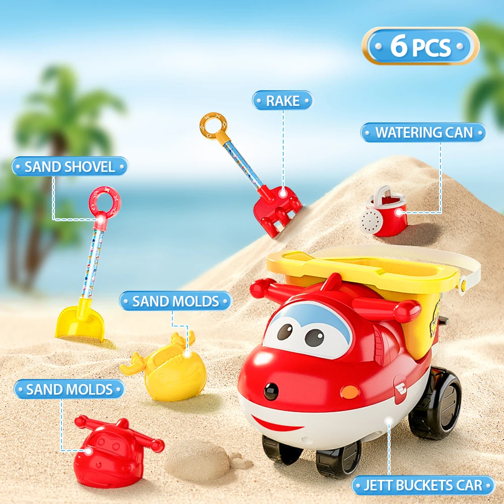 Summer Beach Set para crianças, Super Wings, Rake Watering Can, Water Play Brinquedos, baldes, areia do carro, moldes de pá, 6pcs