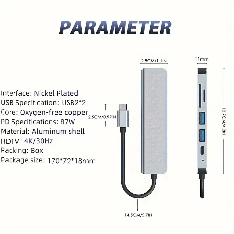 Adaptor Multiport USB C Hub, 6-in-1 dengan 4K @ 60Hz HDTV 100W pengiriman daya USB 3.0 Data TF/pembaca kartu SD Laptop Hub Dock