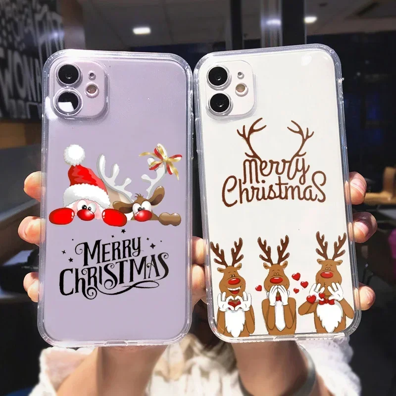 Christmas Snowman Reindeer Case For iPhone 15 16 14 13 11 12 Pro Max Mini 7 8 14 Plus SE Xmas Clear Silicone Cover Fundas Shells