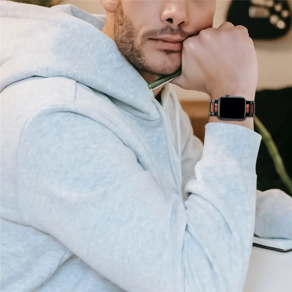 سوار من خشب الصندل الفاخر لساعة ابل ، سوار مشبك من الستانلس ستيل ، الترا 8 7 6 5 4 SE