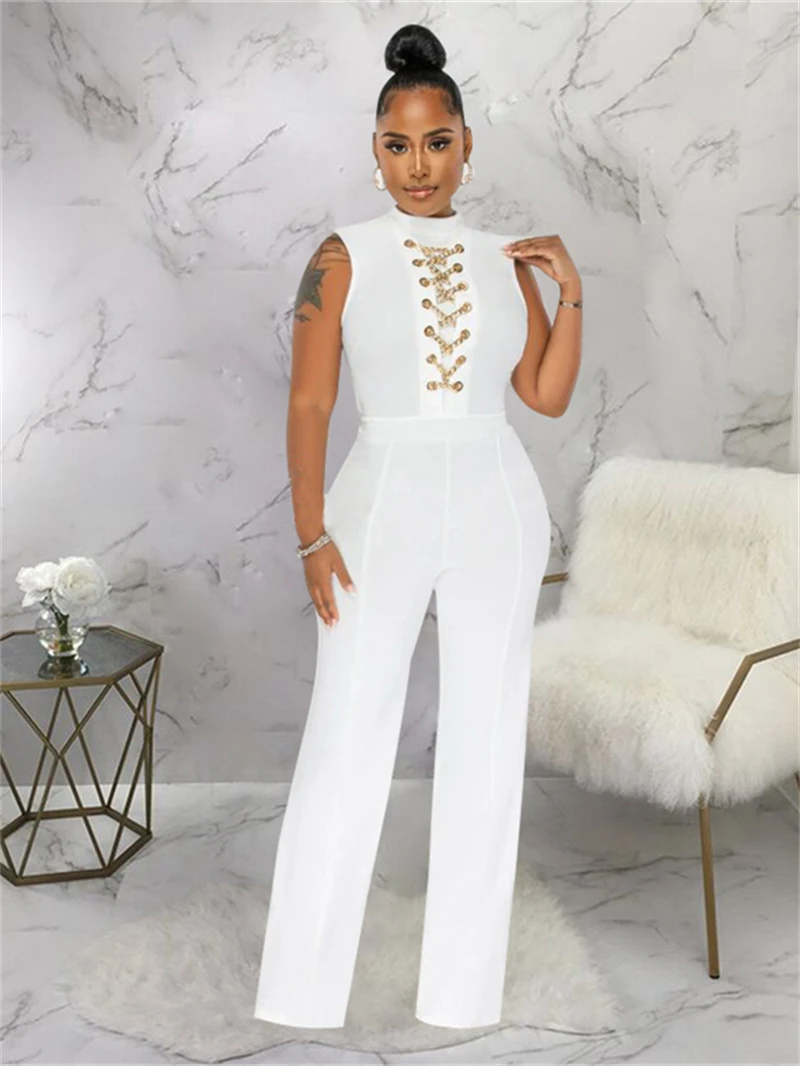 Jumpsuit Tanpa Lengan Pakaian Jalanan Pakaian Musim Panas Wanita 2025 Dekorasi Rantai Celana Kaki Lurus Romper Panjang Pakaian Terusan Satu Potong