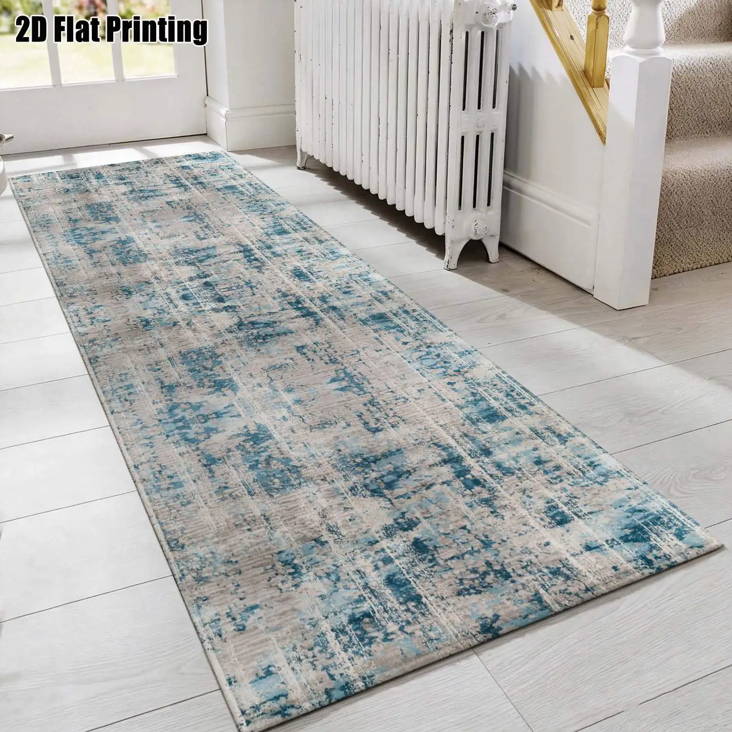 1Pc 2D Printed Long Strip Rug: Blue-Grey Abstract Art, Nordic/Instagram/Minimalist/Vintage Geometric Striped Design, Home Decor, Multi-Size, Machine-Washable, for Corridor, Entrance, Living Room, Bedroom