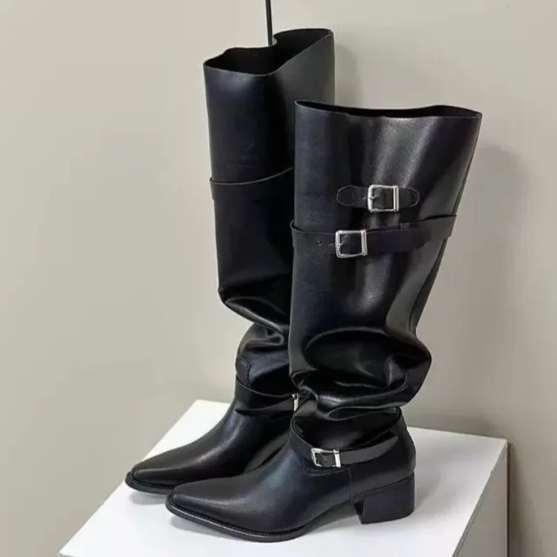 

Chunky Heels Women Knee High Long Boots Belt Buckle Soft Leather Pointed Toe Autumn Ladies Shoes Slouchy Design Botas De Mujer