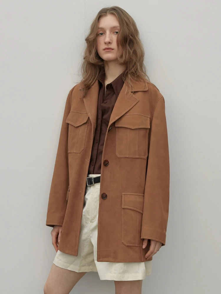 Vintage Classic Genuine Leather Blazer Jackets for Women Spring Autumn High-end Simple Single Breasted Real Sheepskin Suede Coat
