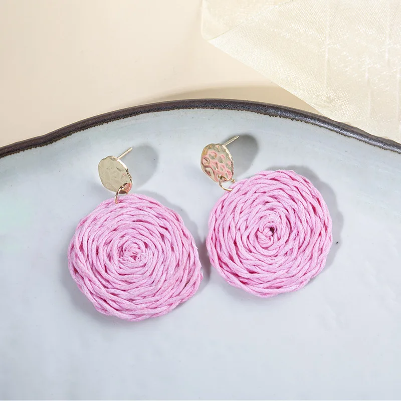 New Bohemia Handmade Dangle Earrings for Women Multicolor Raffia Flower Earrings