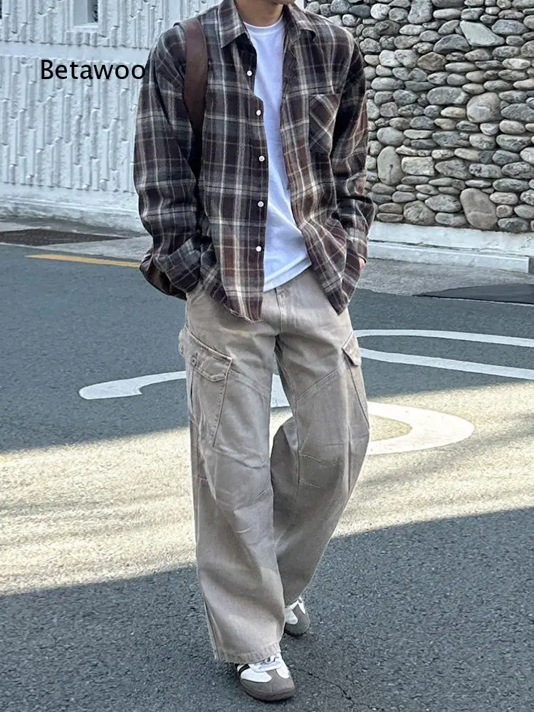 Mens Vintage Plaid Long Sleeve Shirt Loose Casual Blouse Korean Lazy Style Top For Spring And Autumn Daily Commute And Street M