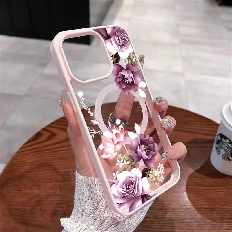 

Lavender Pink Floral Print For Wireless Charging Phone Case for iPhone 17 16 15 14 12 13 Pro Max Plus Air 16E 11 Magnetic Cover