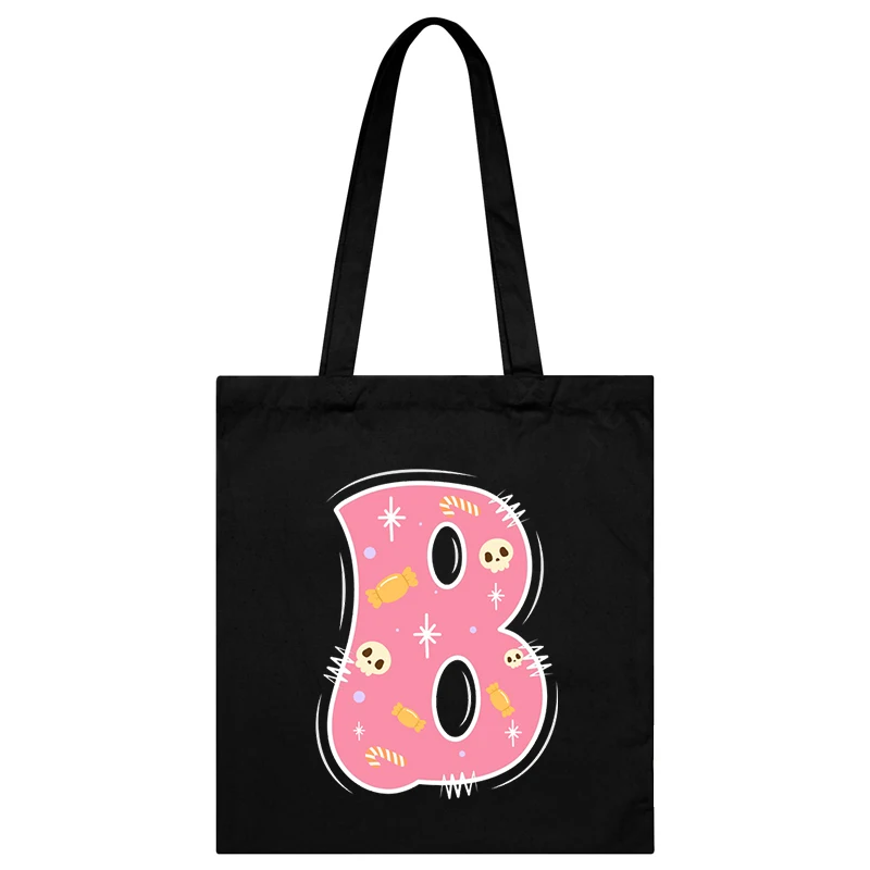 1Pcs Women's Cute Anime Letter Tote Bag Canvas Funny Candy Print Pink Alphabet Large Capacity Commuter Bag Practical Y2K Handbag