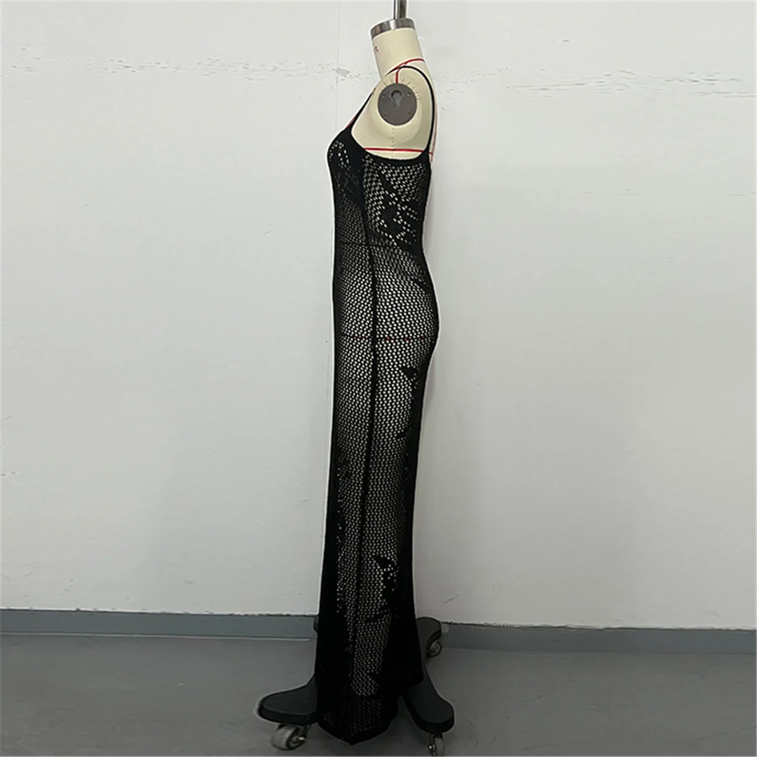 Ausgehöhlte, ärmellose, gehäkelte Tunika, Strand-Überwurf, langes Strandkleid, Strandmode, Damen V6843 – Detail 16