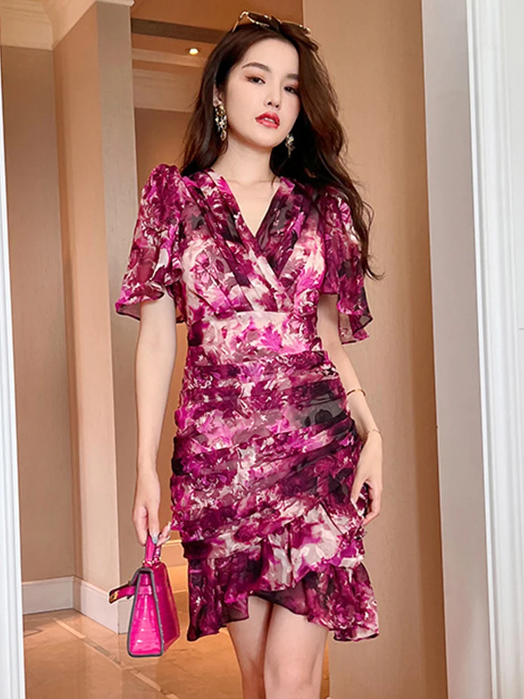 

French Women Evening Dress Sweet Vintage Floral Sexy Ruffle Slim Mini Party Gown Vacation Boho High Quality Lady Mujer Vestidos