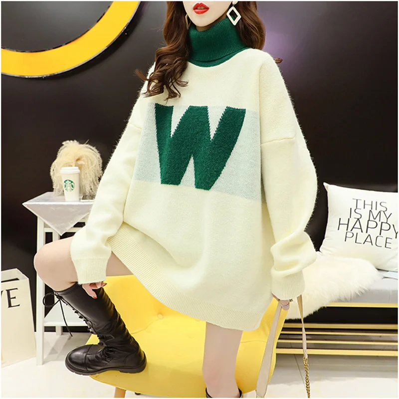 DAYIFUN-Women's Knitted Sweaters,2022 Winter New,Thickened Warm,High Neck Pullovers,Contrast Color,Korean,Loose Bottomed Jumpers