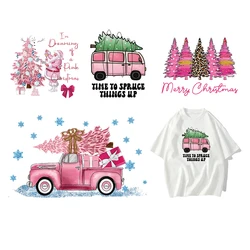 4 types Pink Christmas Pattern Christmas Tree DTF Thermo Sticker Decals Heat Transfer Clothes Clothing Crafts Diy Accessory