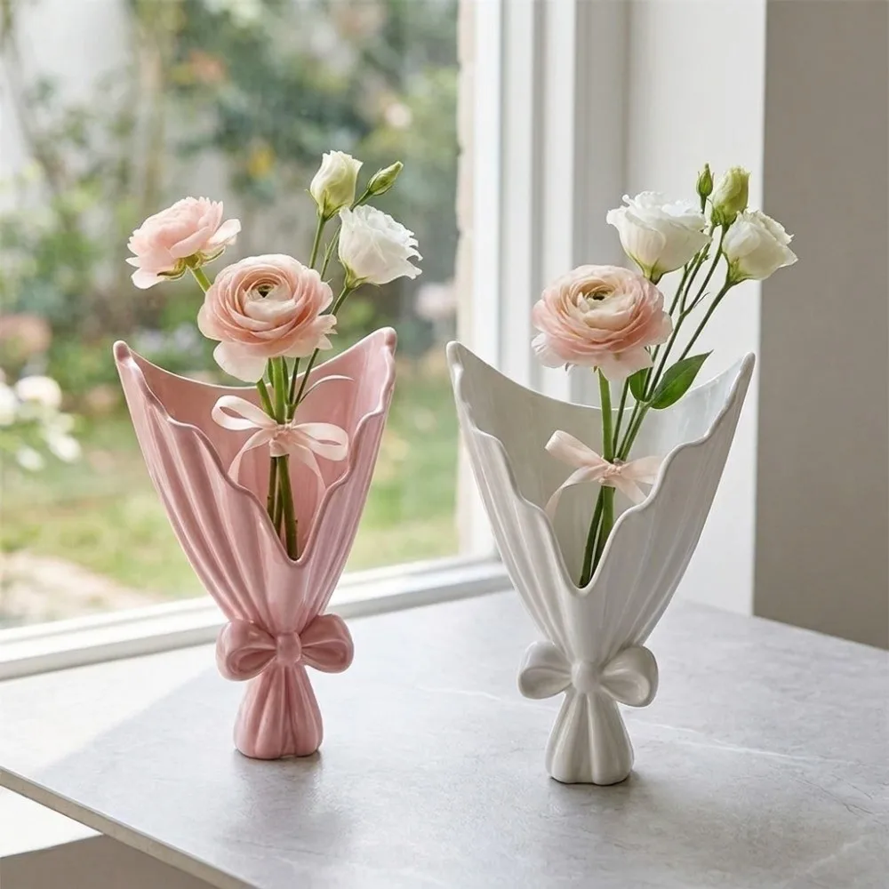 Flower Holder 3D Printed Bouquet Shaped Vase Decorative Plastic Bow Vase European Style Desktop Ornament Table Centerpiece