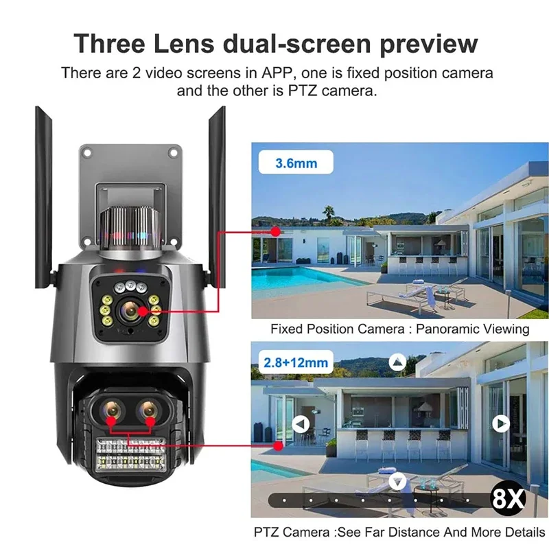 9MP IP Camera Outdoor HD Three Lens WiFi Camera Dual Screens Security PTZ Cam AI Auto Tracking CCTV Surveillance iCSee APP