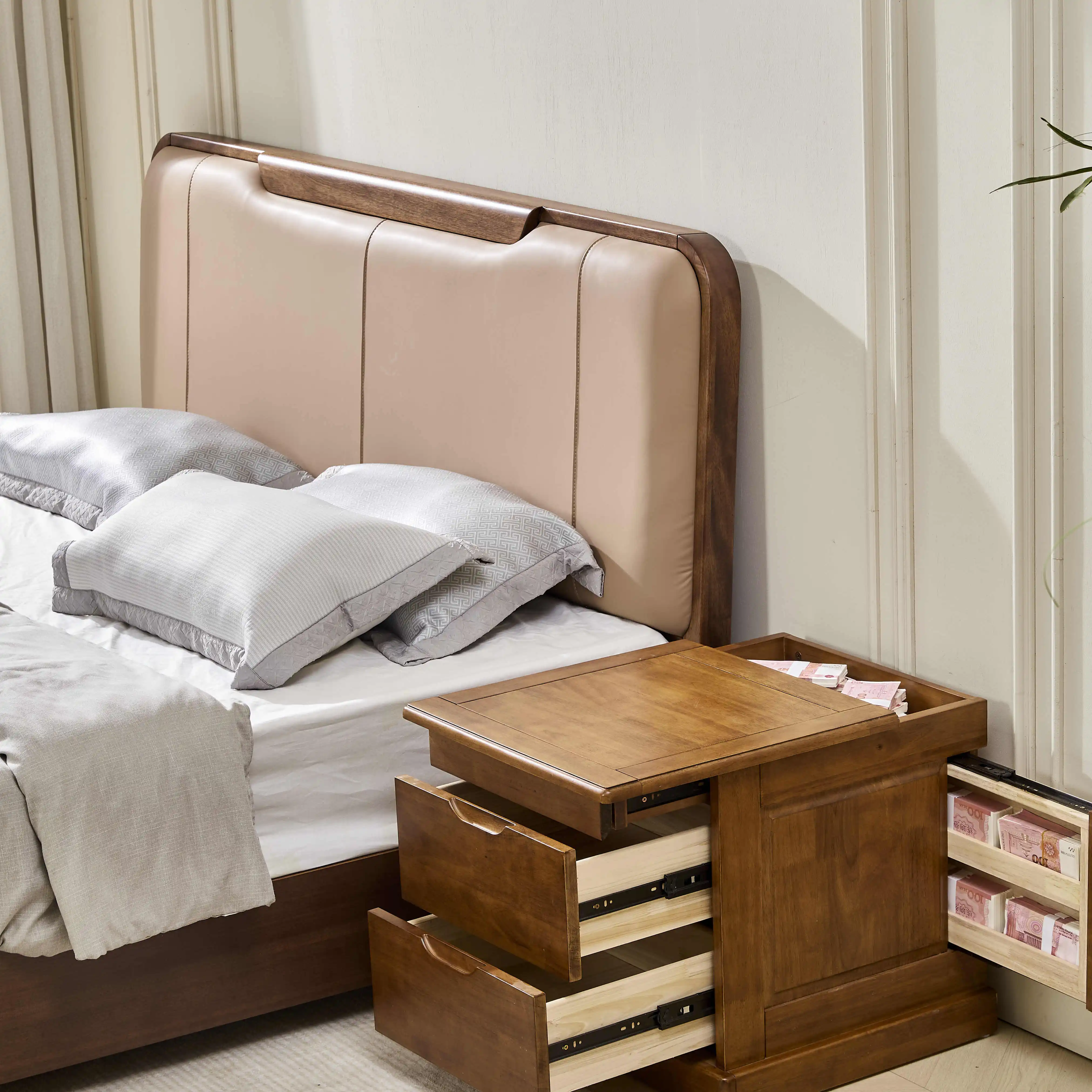 

[Key lock] T01 upgrade double hidden compartment pure solid wood design large capacity storage bedside safe integrated