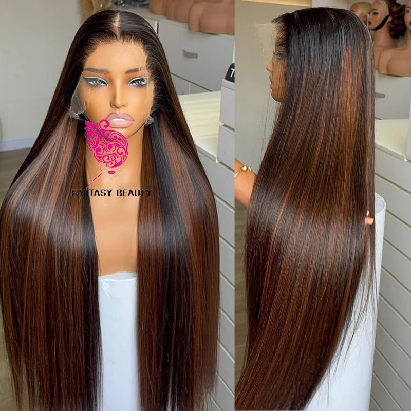 

Super Long Highlight Dark Brown 28Inch Silky Straight Black Women Full Lace 100% Indian Human Hair Wigs Glueless 5x5 HD Lace Wig