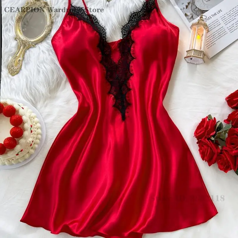 Lace Edge Nightgown for Women Red Suspender Nightgown Spring Summer Sexy Sleepwear Satin Thin Home Wear Lingerie Loungewear