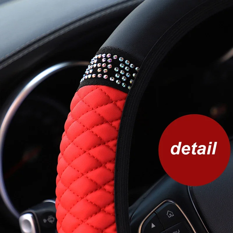 Universeller Auto-Lenkradbezug, 37–38 cm, Leder, bestickt, mit Diamanten besetzt, elastisch, für vier Jahreszeiten – Detail 8
