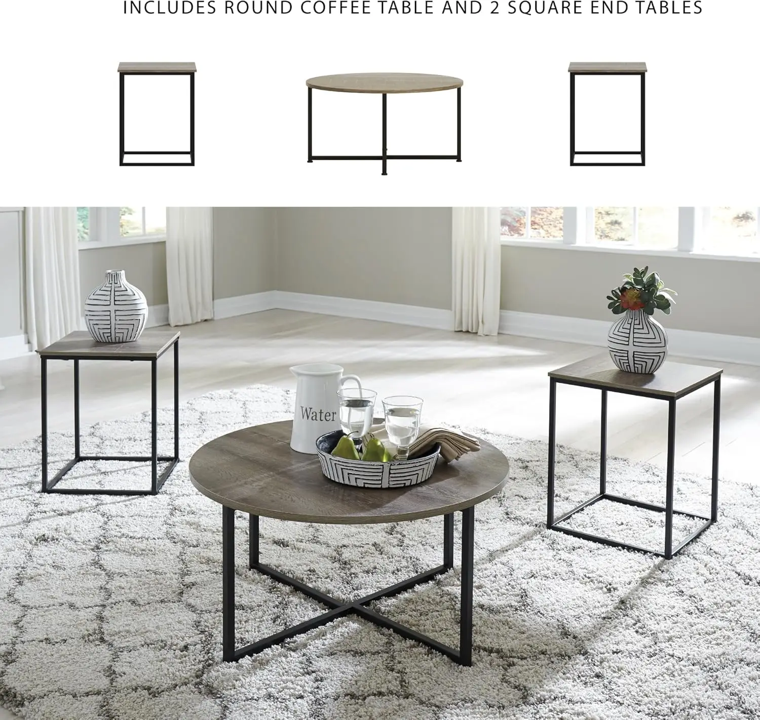 브라운 & 블랙 색상의 어반 우드 그레인 3피스 커피 및 엔드 테이블 세트, 모던 거실 가구