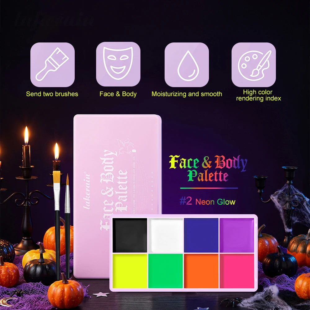 8‑Color Face & Body Paint Palette With Brush Highly Pigmented Silky Cream 2 Options Gothic Dark Neon Glow Halloween SFX Cosplay