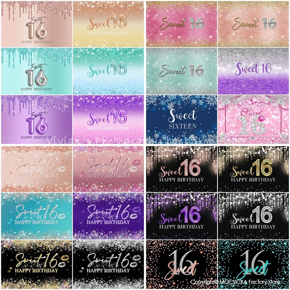 Mocsicka Sweet 16th Glitter Happy Birthday Backdrop Sweet Sliver Diamond Champagne Woman's Birthday Photography Photo Backdrops
