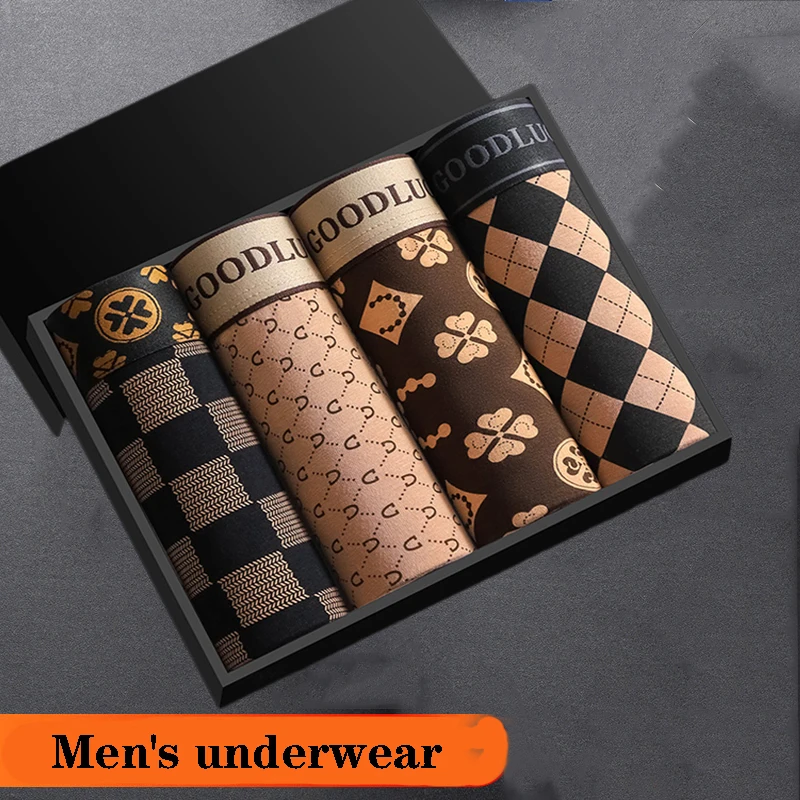 

4PCS/Lot Underwear Men Boxer Briefs Antibacterial Retro Print Underpants Homme Boxershorts Slips Soft Panties
