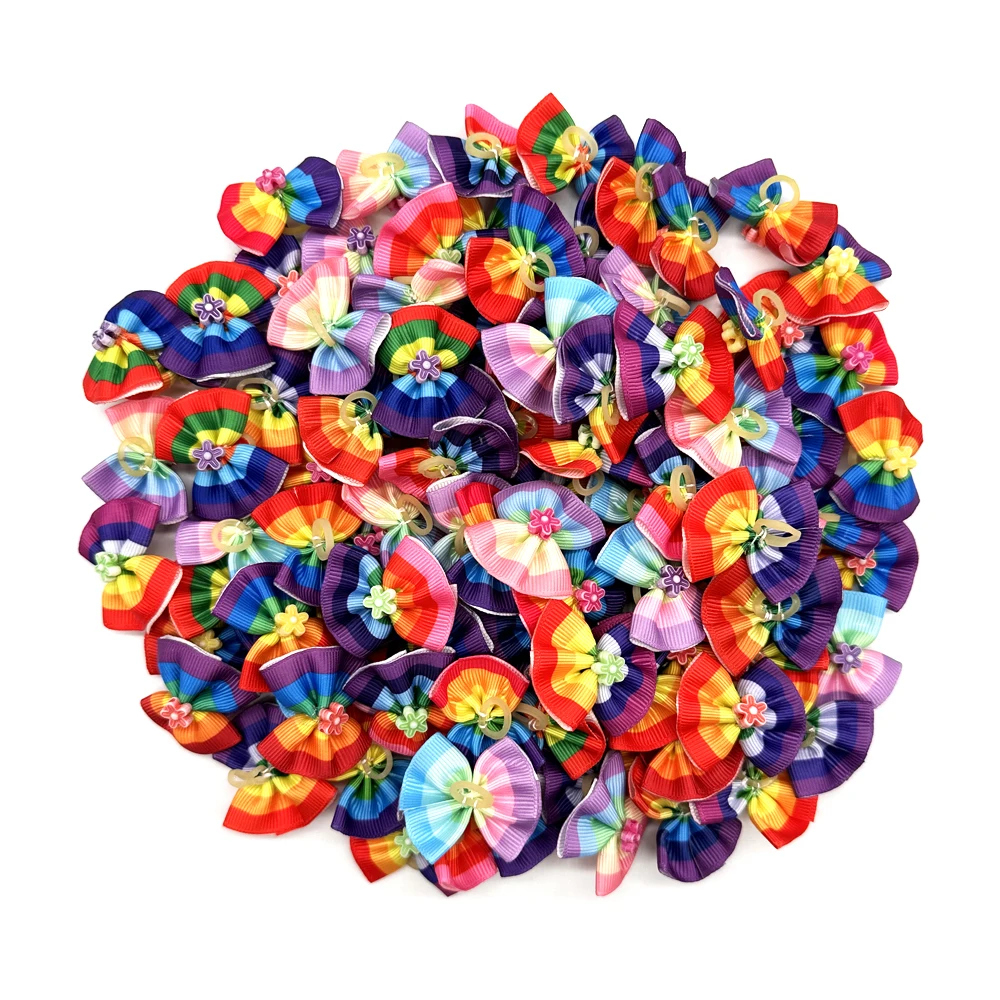 100pcs Handmade Pet Dog Hair Bows Rainbow Style Pet Hair Accessories Rubber Bands Pet Supplies Pet Dog Grooming Accessories