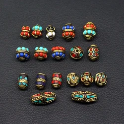 5pcs Retro Nepal Beads Handmade Red Coral Antique Golden Tibetan Beads For Jewelry Making DIY Charm Bracelets