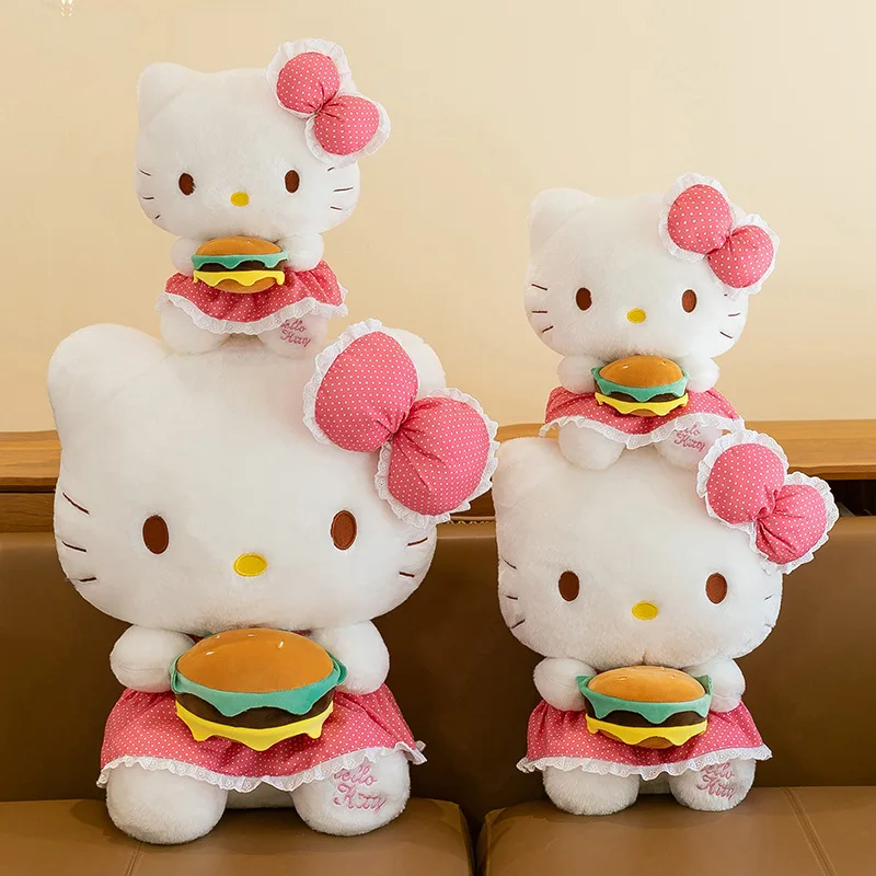 Sanrio New Burger Hello KT Cat Doll Cute Polka Dot Skirt Kitten Plush Toy Girl Pillow Birthday Gift