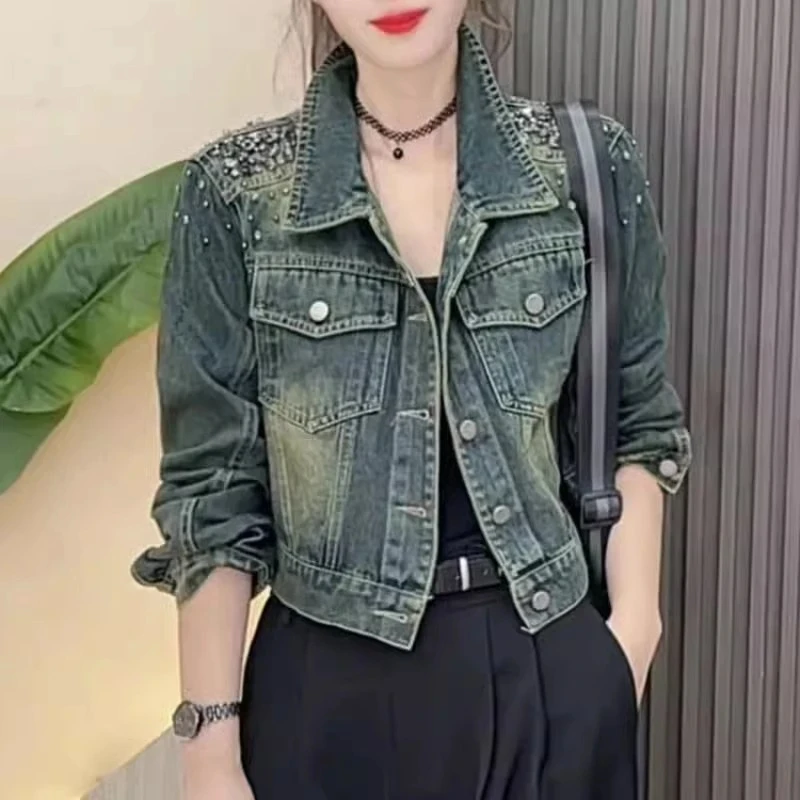 

Faionable Rhinestone Design Denim Jaet Women's Autumn 2024 Korean Sle Versatile Slimming Top Trendy ort Outerwear