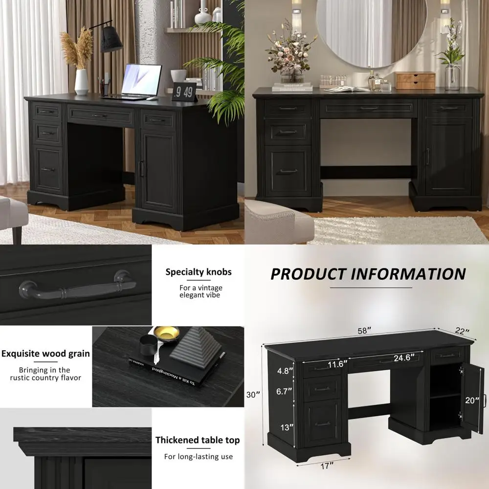 

58" Executive Desk, Home Office Desk with Drawers and Cabinet, Wooden Workstation with Storage, Farmhouse Desk for Writing, Stu