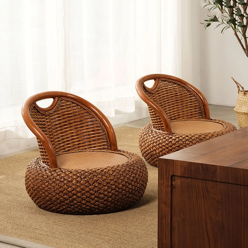 Modern Furniture Japanese Vine Woven Tatami Back Chair Living Room Sofa Chair Handmade Round Stool Balcony Leisure Tea Chair