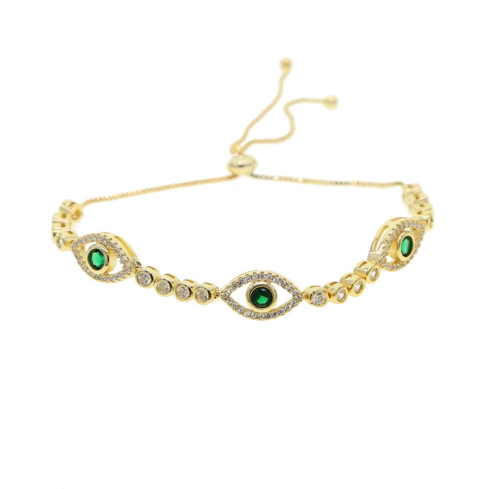 gold color green white cz cubic zirconia bezel cz tennis chain 3 pcs evil eye charm bracelet