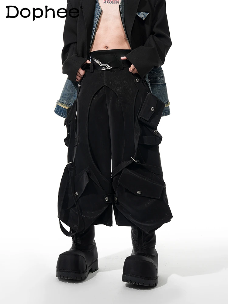 

Men's Cropped Pants Men's 2025 Spring Summer New Loose Comfort Middle Pants Hollow Out Multi-pocket Personalized Handsome Pants
