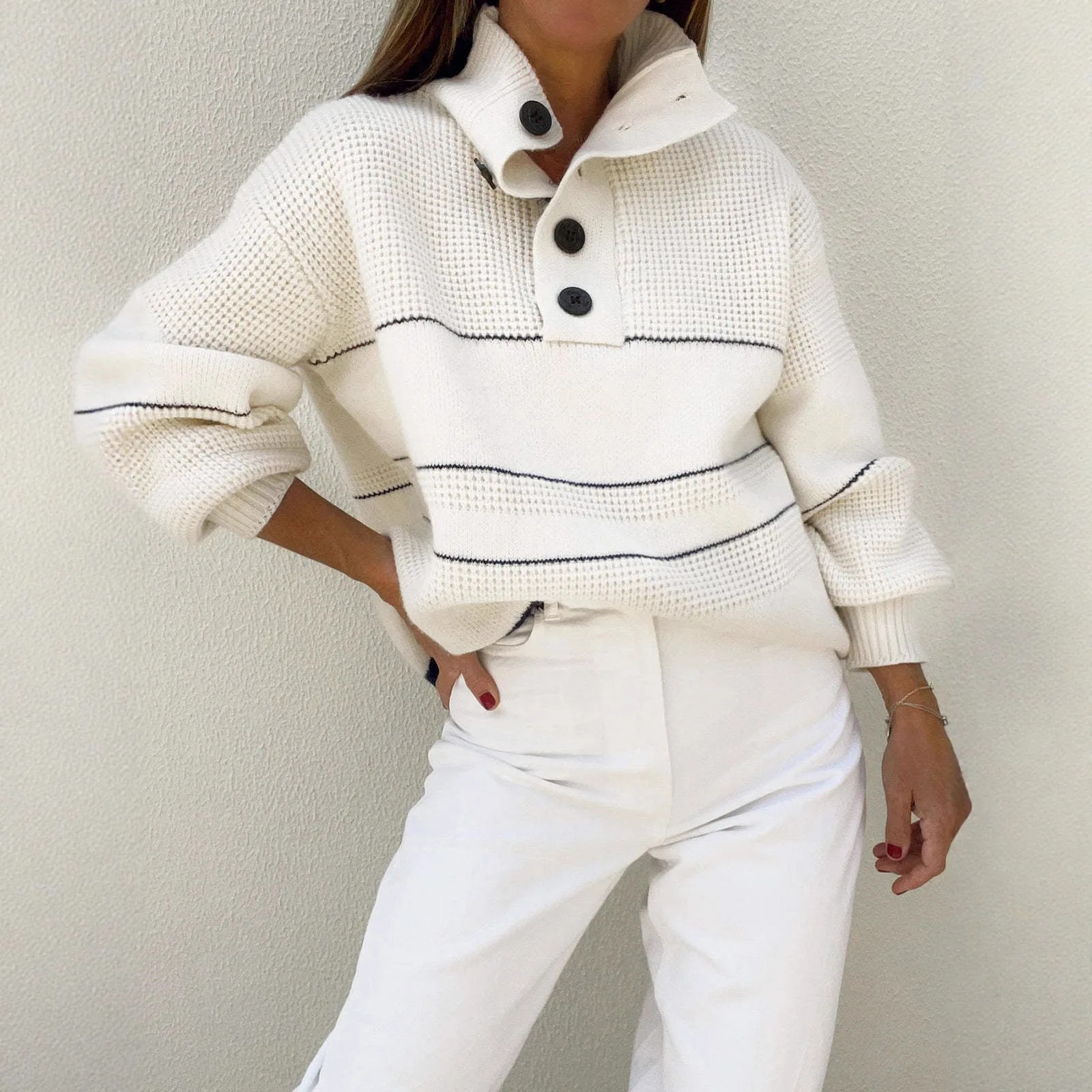 Women's Half Cardigan Contrast Casual Polo Pullover Sweater