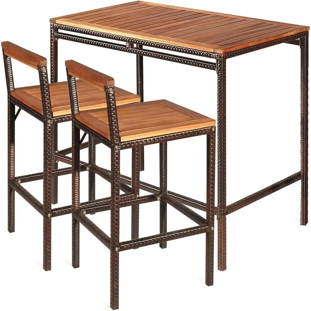 Conjunto de Bar de 3 Piezas para Exteriores: Mesa de Bar de Mimbre con Superficie de Madera de Acacia y 2 Taburetes para Patio, Jardín o Piscina