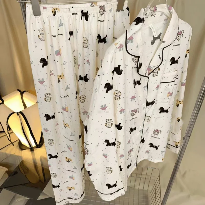 Kawaii Dot Dog Print Cartoon Cute Women\'s Pajamas Set Lapel Neck Button Design Sweet Casual Sleepwear Autumn New Pajamas Set