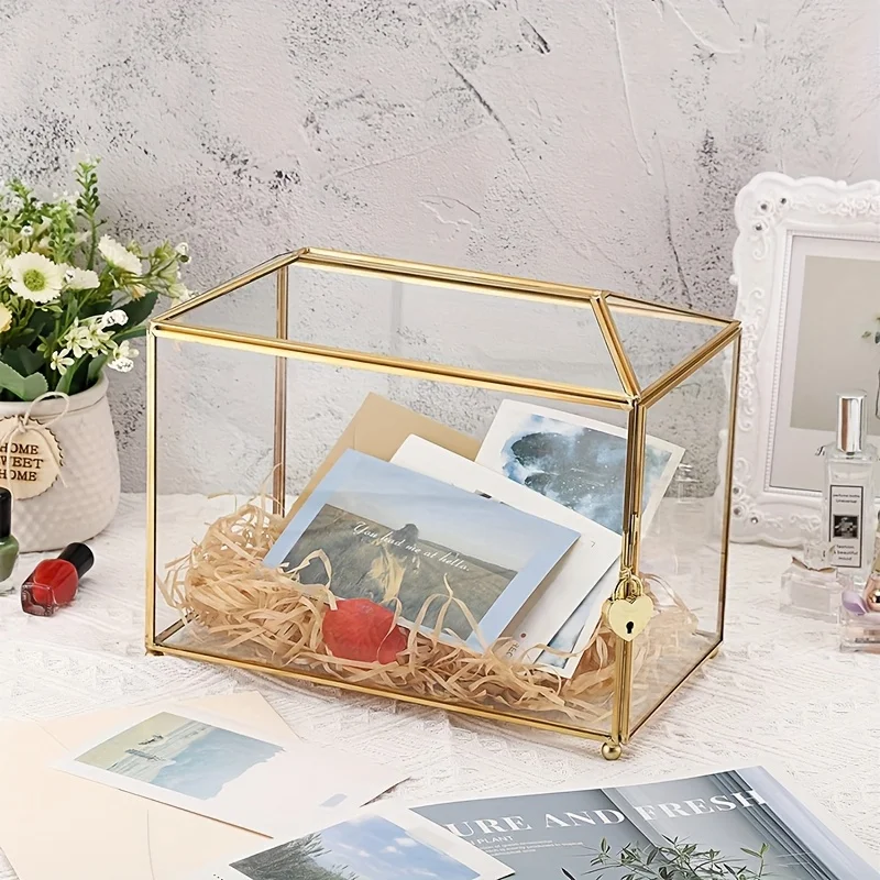 

Elegant Golden Glass Card Box with Lock And Slot - 10.2 X 5.9 X 8.3 Inches, Large Transparent Geometric Design for Wedding Recep
