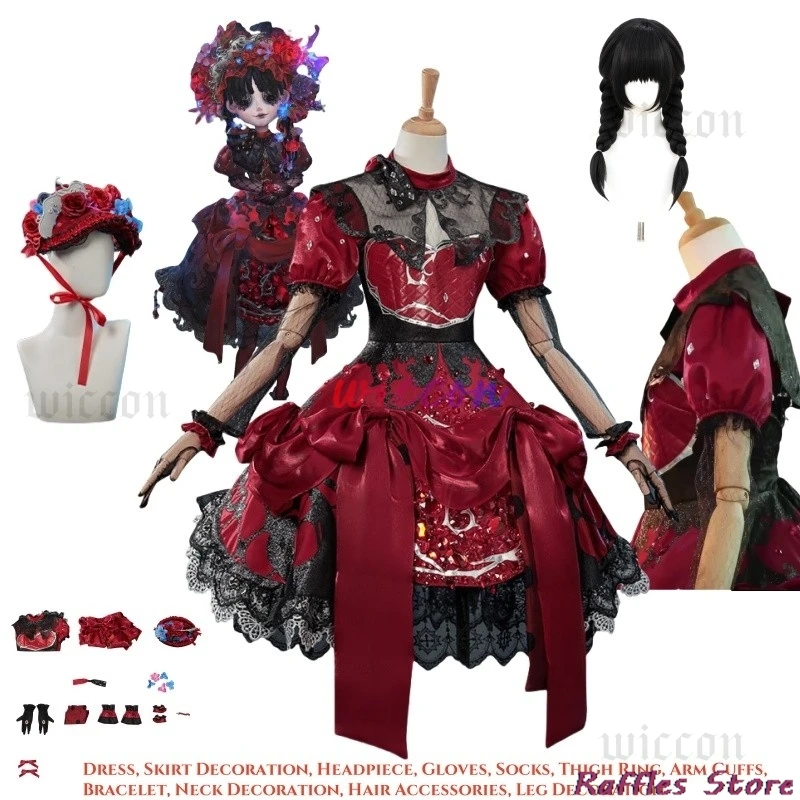 

Little Girl Miss Pomegranate Cosplay Costume Wig Identity V Alice DeRoss Dress Headwear Hairclips Gloves Props Women Girls Party