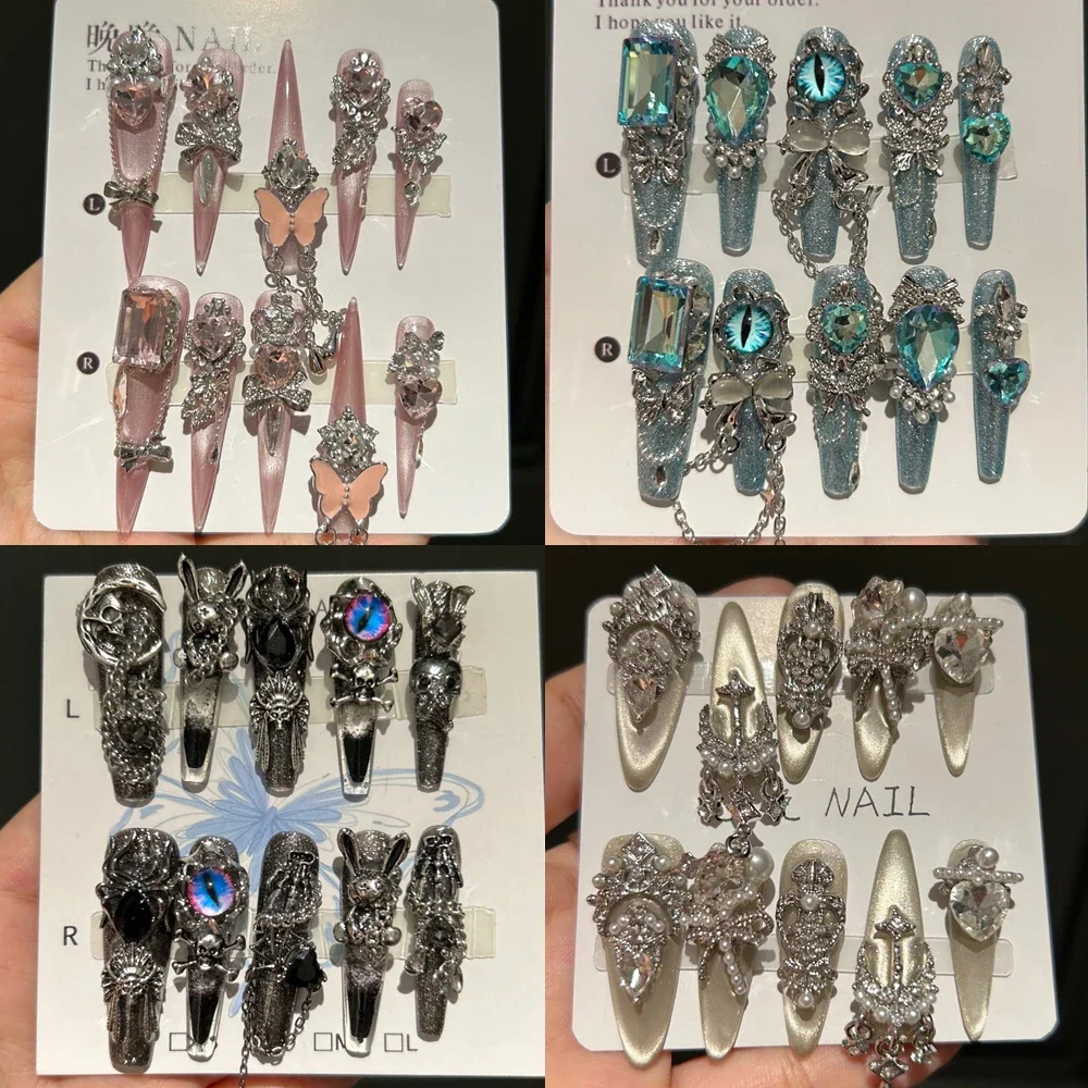 

Long Stiletto Coffin Handmade Press On Nail 3D Flower Cat's Eye Rose Light Luxury Diamond Court Y2K Punk Gothic Style False Nail